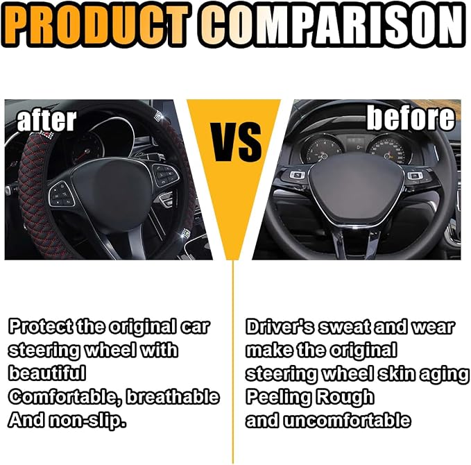 15 Inch Bling Soft Leather Car Steering Wheel Cover, Black Red | Colorful Rhinestones Design, Auto Elastic Protector for Women Girls, Crystal Diamond Car Accessories for Most Cars, SUVs