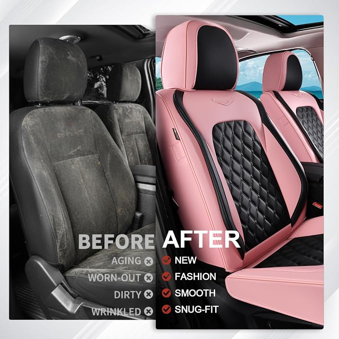 Coverado Car Seat Covers Front Seats, Stylish Waterproof Faux Leather Full Set with Rear Protectors for Sedan SUV Truck, Luxury Fashion Interior – PinkBlack
