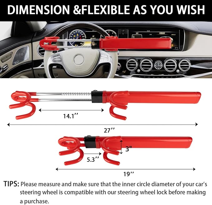 Steering Wheel Lock for car Universal Adjustable Length Anti-Theft Device Car Locks Double Hook Locks for Car SUV Pickup Truck Van(Red)