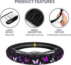 Butterfly Purple Steering Wheel Cover Set + Butterflies 2 Car Coasters | Cute Fashion Car Accessories, Breathable Anti-Slip, Universal 14-15 Inch, Neoprene Coasters, Gift for Women Men