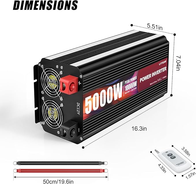 5000 Watt Power Inverter 12V to 110V 120V with 4 AC Outlets, LCD Display, Wireless Remote Control for Vehicle, Solar System, Heavy Duty, RV, Truck, Off Grid, Camping