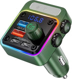 54W Bluetooth 5.3 Car Adapter with 4 Charging Ports [PD 36W & QC3.0 18W], Wireless Radio FM Transmitter with Deep Bass Player & 5 Colors LED Backlit, Hands-Free Calling - Green