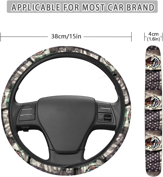 Elastic Automotive Steering Wheel Covers Universal Fit 14 to 15 in | American Mexican Flag Steering Wheel Protector with Cloth for Women, Keep Comfort Grip Sweat Absorption Neoprene