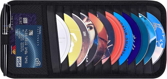 Car CD Case Holder, Vehicle Sun Visor Organizer for Cars with 12 DVD Storage Sleeves, 1 Mesh Pocket, 1 Pen Holder and Elastic Strap, Black