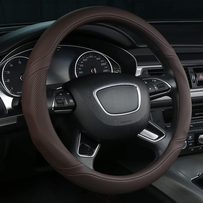 Brown Leather Steering Wheel Cover Universal 15 inch