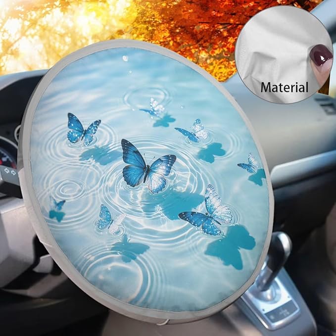 Blue Butterfly Car Steering Wheel Cover Sun Shade Reflect UV Sun and Heat Auto Interior Protector Easy Installation Universal Steering Wheel Cover for Car Truck SUV Van