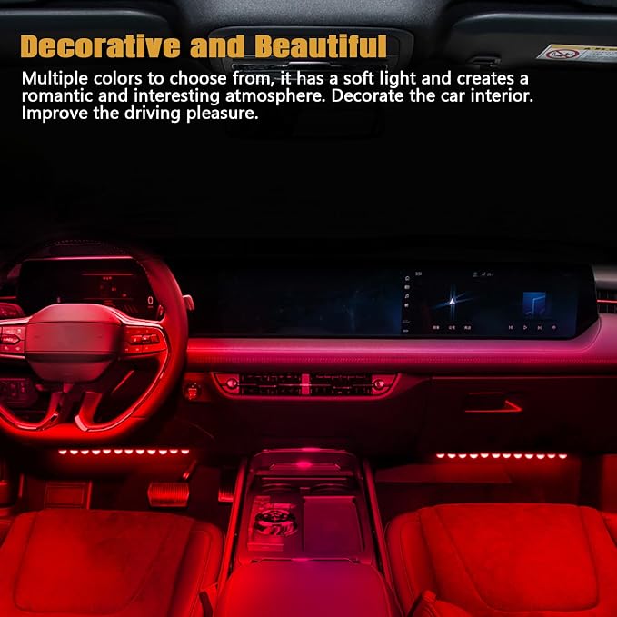 Car LED Strip Light, 12V 24 LED Vehicle Interior Atmosphere Lamps with USB Port, Auto Under Dash Ambient Night Light, Universal Car Accessories (Red, USB)