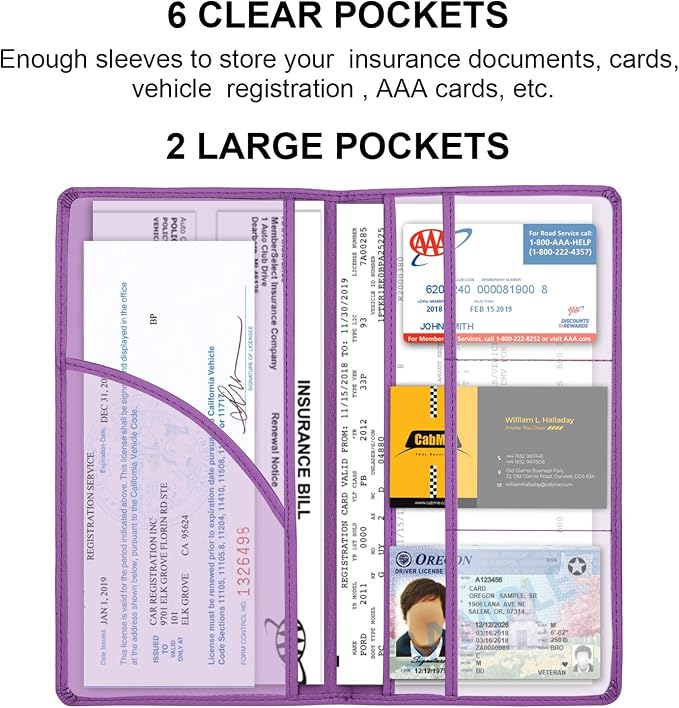 Car Registration and Insurance Card Holder, Vehicle Glove Box Car Organizer Women Car Accessories with Magnetic Shut for Cards, Essential Document, Driver License, Purple