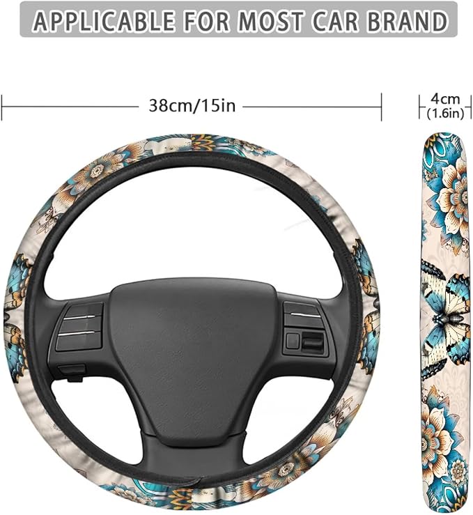Steering Wheel Cover Boho Mandala Flower Butterfly Pattern Anti-Slip Car Wheel Protector Perfectly fit for 15 inches Car Accessories Universal Fit Car SUV Van Truck