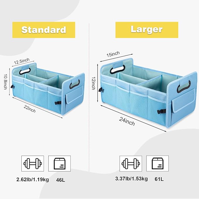 Car Trunk Organizers and Storage Collapsible Multi Compartment Container Box, Adjustable Car Accessories for SUV Sedan Truck, Large Size, Light Blue