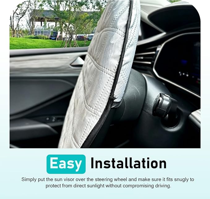 1 PC Car Steering Wheel Sun Shade, Aluminum Foil Anti-Scalding Steering Wheel Protector, Slip-On Thickened Driving Handle Heat Shield Cover, Universal for Most Cars SUVs Trucks (Silver)