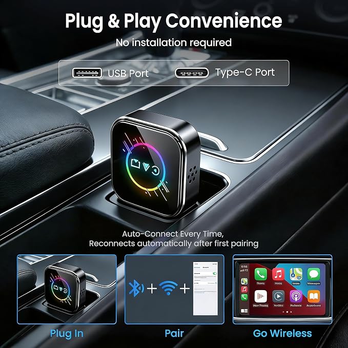Wireless CarPlay Adapter for iPhone＆Android - 3 in 1 Dual Band WiFi 2.4G/5G & Bluetooth 5.3 Airplay Mirror Link CarPlay Dongle with USB-A/Type-C Port, Plug & Play, OTA Update