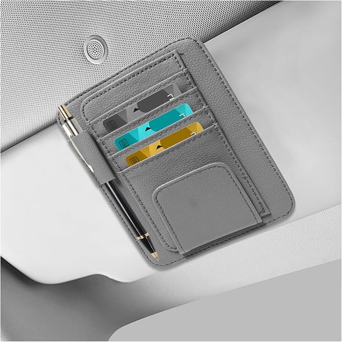 Car Sun Visor Organizer, Leather Auto Visor Card Holder with Sunglasses Clip, Multifunctional Sunvisor Storage Pouch Vehicle Interior Pocket for Driving License Pen Ticket (Gray)