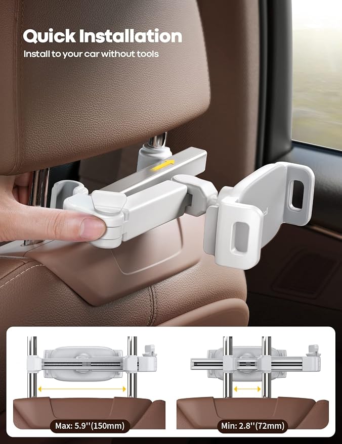 Car Headrest Tablet Holder - [Extension Arm] Upgrade Adjustable Tablet Car Mount for Back Seat, Road Trip Essentials for Kids, for 4.7-11" Device like iPad Pro, Air, Mini, Galaxy, Fire, White