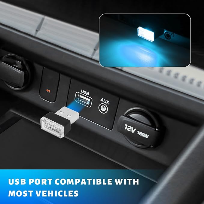 4 PCS USB LED Car Atmosphere Lamp, Mini Night LED Vehicle Trunk Ambient Lighting Kit, Portable Plug-in USB Interface Vehicle Decor Atmosphere Lamp, Interior Car Accessories (Ice Blue)