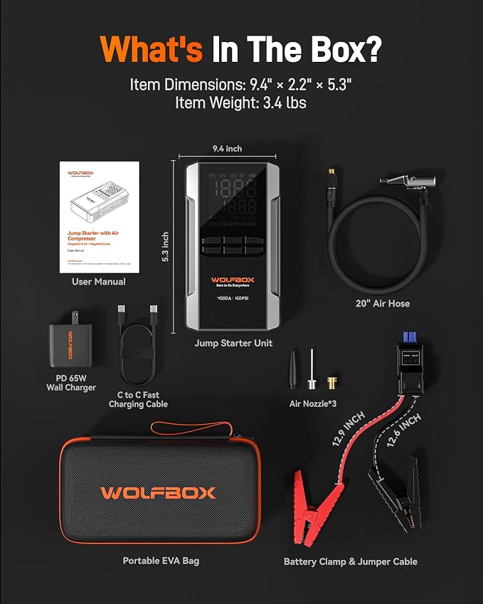 4000A Jump Starter with Air Compressor, 88.8Wh Car Battery Jumper Starter Portable(10L Gas/10L Diesel), 12V Booster Jump Box Pack with 160PSI Tire Inflator, 65W Fast Charger, Jumper Cables