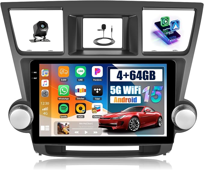 [4G+64G] Car Radio for Toyota Highlander 2008-2013 with Wireless CarPlay Android Auto,10.1” Touchscreen Android 15 Car Stereo with Mirror Link 5GWiFi GPS,Bluetooth,FM/RDS SWC EQ+Backup Camera