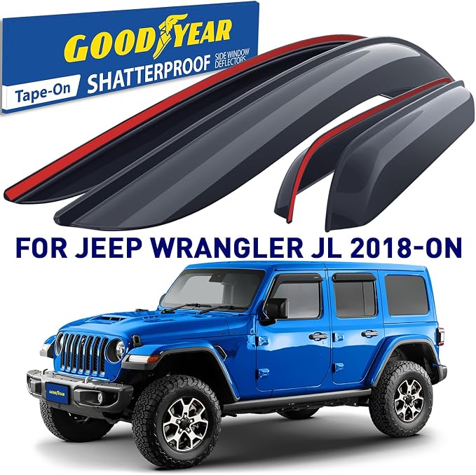 Goodyear Shatterproof Side Window Deflectors for Jeep Wrangler JL 2018-2026/Jeep Gladiator 2020-2026, Tape-on Rain Guards, Window Visors, Vent Deflector, Vent Visor, Car Accessories, 4 pcs - GY008942