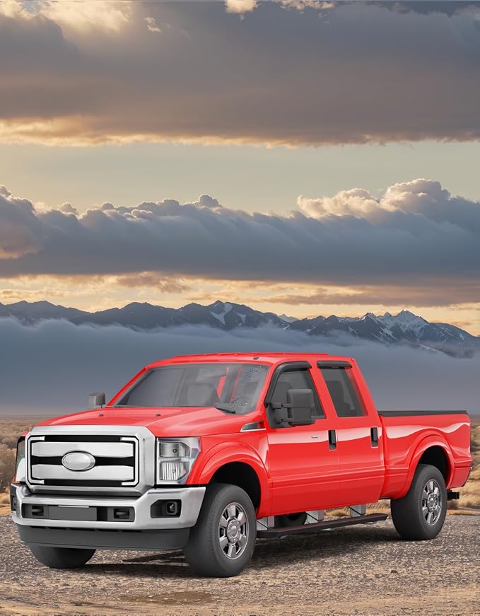Outside-Mount Window Rain Guards Fit for Ford F250/F350/F450/F550 1999-2016 Super Duty CrewCab, Extra Durable Window Visors Wind Deflector Dark Smoke Vent Shades Car Tape-on with Thicker 4PCS