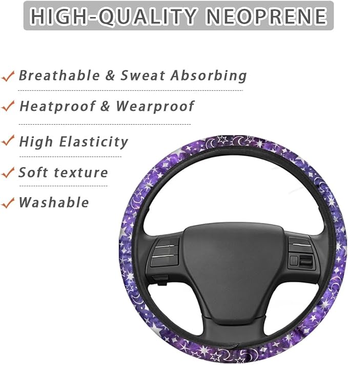 Purple Gradient Moon Star Pattern Car Steering Wheel Cover, 15 inches, Universal Fit for Car, SUV, Van, RV, Easy to Install, Anti-Slip Design