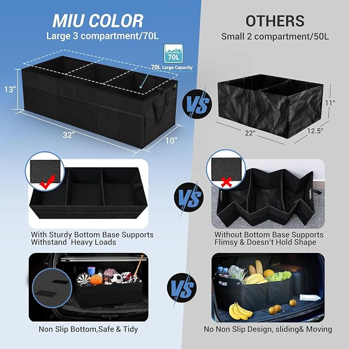 Trunk Organizer for Car, Car Organizer, Sturdy Trunk Organizer for SUV, Non-Slip Bottom, Storage Organizer for Sedans, Van, Jeep, Grocery, Large 3 Compartments, Ebony 32"×13"×10.6"
