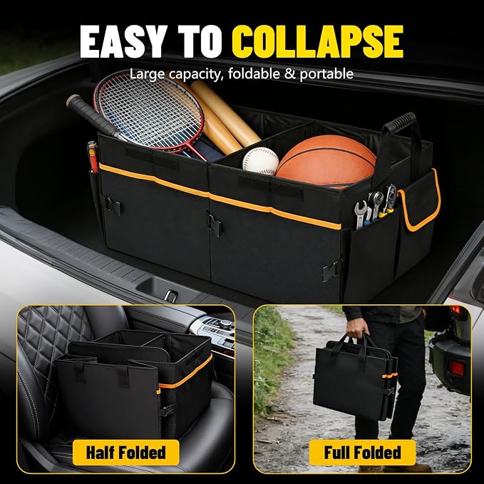 95L Car Trunk Organizer with 2 Tie-Down Straps&2 Removable Dividers|Foldable Cover,Multi-Compartment Collapsible Storage Box for SUV&Sedan&Truck|Non-Slip Bottom,3mm Durable PE Board Construction
