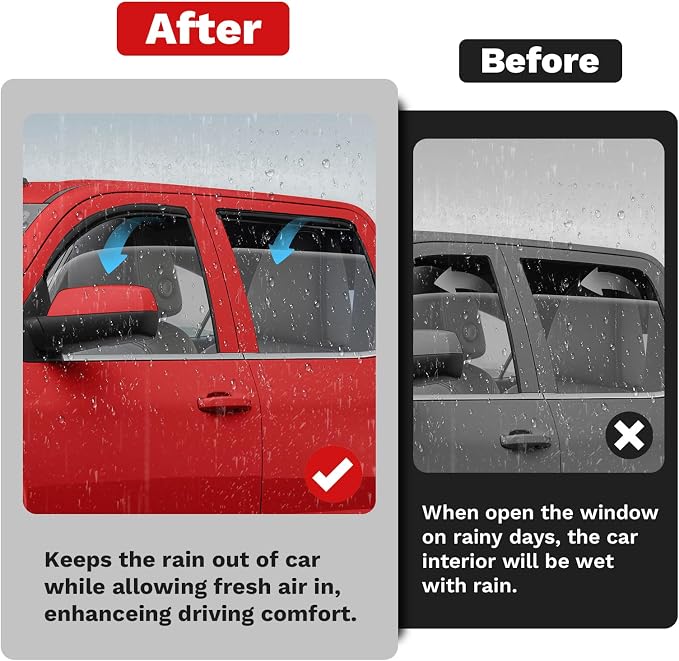 Window Visors Rain Guards for 2014-2018 Chevy Chevrolet Silverado/GMC Sierra 1500 Crew Cab/15-19 Silverado/Sierra 2500HD 3500HD Accessories, Side Window Wind Deflectors Vent Visors Rainproof