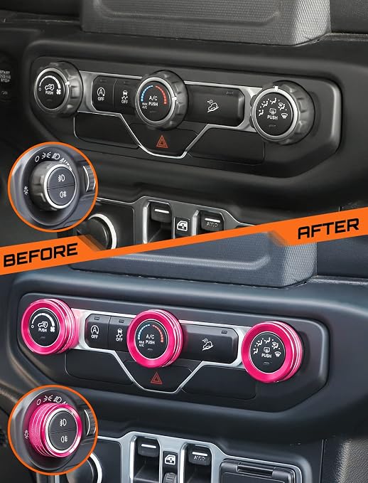 HVAC Climate Control Panel Knob Trim Kit & Light Control Switch Cover, Air Conditioner Knob Aluminum Alloy Ring for 2018-2024 Jeep Wrangler JL JLU & Gladiator JT, Interior Accessories, Pink