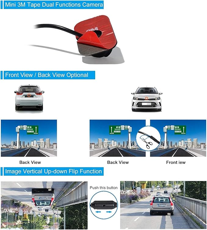 Mini Car Side View Camera/Rear View Camera/Front View Camera | 3-In-1 Car Camera, Rotatable Lens, Paste-On Installation, Flip Image,Mini Size