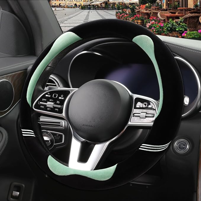 Furry Cute Soft Steering Wheel Cover 15 inch Black with Green | Fluffy Short Plush Car Accessories, Non-Slip Cold-Proof Sweat-Proof Colorfast, Universal 14.5 inch to 15 inch
