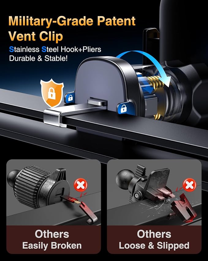Phone Holders for Your Car Ultimate Military-Grade Car Phone Holder Mount【Patent & Safety Certs】Upgraded Shockproof Truck Air Vent Phone Mount for iPhone 17 Pro Max 16 Samsung Android,Silvery