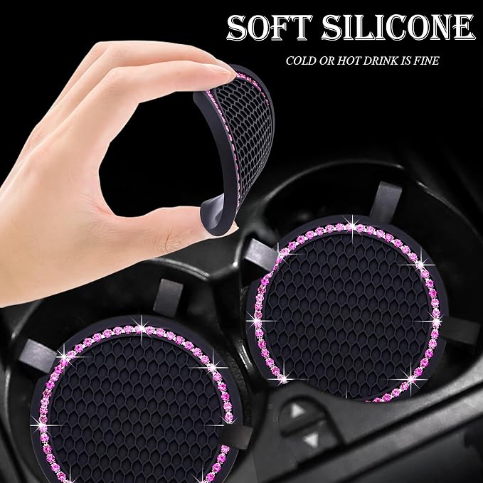 2PCS Bling Cup Holder Coaster, 2.75 Inch Auto Car Cup Holder Insert Coasters, Soft Silicone Anti-Slip Shockproof, Universal Vehicle Interior Accessories for Women Girls (Black & Pink)