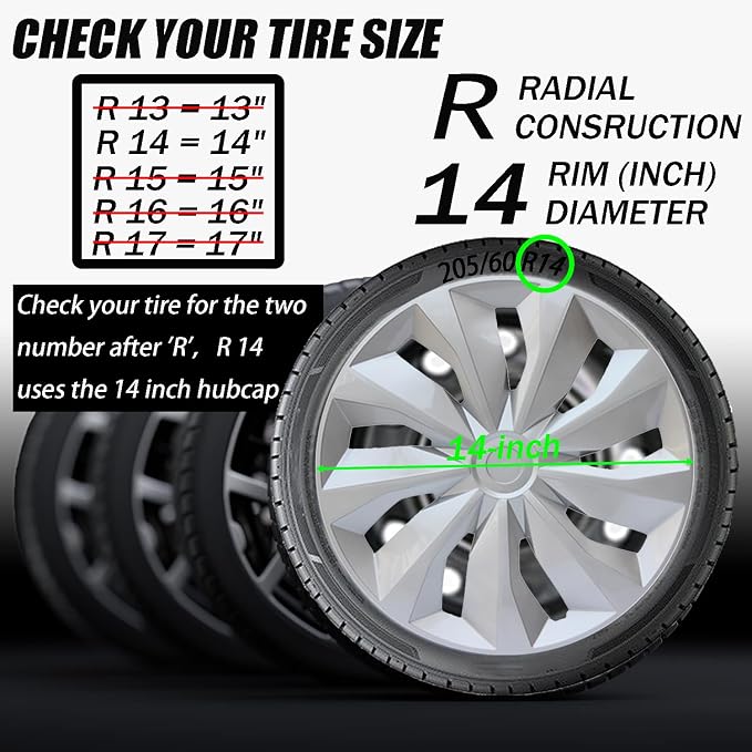 Hubcap Wheel Cover Replacement R14 Hub Caps Universal-Fit Steel Wheel Rim Cover ABS Material Exterior Accessories for Car Truck SUV -Set of 4（14-inch，Silver）