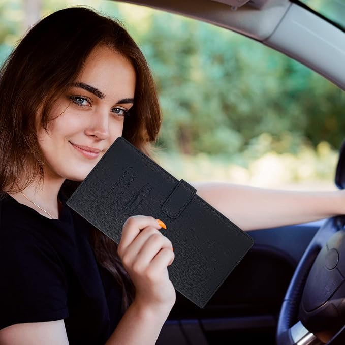 Car Registration and Insurance Holder, Leather Car Glove Box Organizer, Cool Car Accessories for ID, Driver's License Cards & Essential Document, Men&Women, Black#2