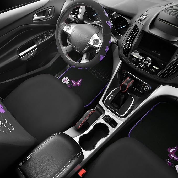 Universal Cloth Butterfly Car Seat Covers Full Set, Embroidered Flower Waterproof Car Floor Mats Carpet, Butterflies Steering Wheel Cover for Car Accessories Interior Sets (Black and Purple)
