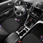 Universal Cloth Butterfly Car Seat Covers Full Set, Embroidered Flower Waterproof Car Floor Mats Carpet, Butterflies Steering Wheel Cover for Car Accessories Interior Sets (Black and Purple)