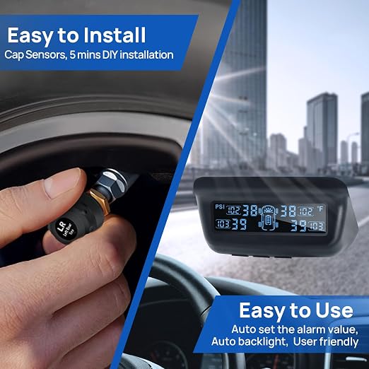 Tire Pressure Monitoring System, RV/Trailer TPMS with Solar Charging & Auto Calibration, M13 LCD Display tpms 4 sensors (0-99PSI)