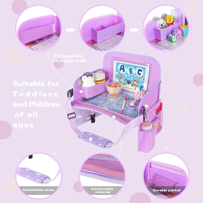 Kids Travel Tray for Car Seat, Road Trip Essentials Kids Lap Tray | Toddler Gift for Girl Activities with Dry Erase Board, No-Drop iPad Holder Stand, Cup Holder & Adjustable Strap, Purple