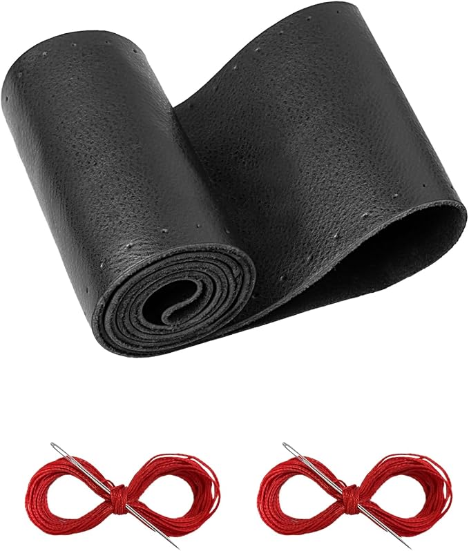 Leather Steering Wheel Cover Lace Up, Stitch on Steering Wheel Wrap, Universal Fit 13-20 Inch Car Truck Pickup Boat, A Whole Piece of Cowhide, DIY w/Needle Thread (Size M3, Black & Red)