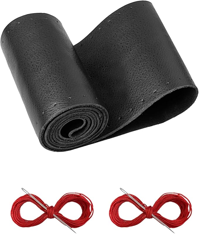 Leather Steering Wheel Cover Lace Up, Stitch on Steering Wheel Wrap, Universal Fit 13-20 Inch Car Truck Pickup Boat, A Whole Piece of Cowhide, DIY w/Needle Thread (Size XXL1, Black & Red)