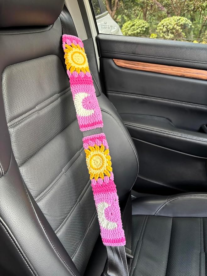 Handmade Crochet Sun and Moon Car Steering Wheel Covers Universal 14-15 inch for Women and Men (A,Steering Wheel Cover+2 Belt Cover)