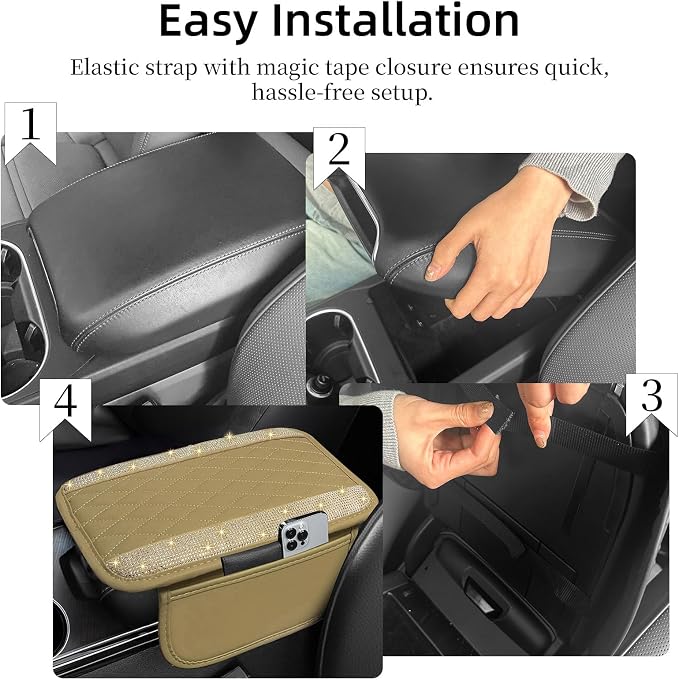 Bling Beige Car Center Console Cover, Leather Car Arm Rest Cover with 2 Storage Bags, Universal Auto Armrest Protector Storage Box, Bling Accessories Interior for Most Vehicles