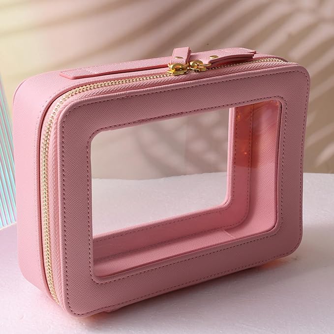 Toiletry bag waterproof cosmetic organizer with handle large opening for travelling (Pink)
