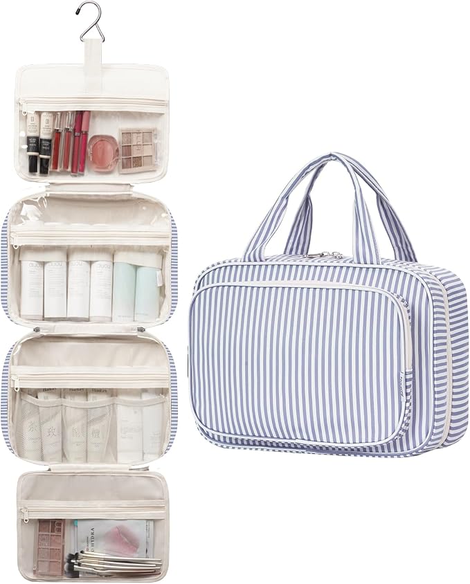 Striped Travel Toiletry Bag for Women Large Hanging Makeup Bag Organizer Toiletries Bag for Full Size Essentials Accessories Cosmetics (Greyish Blue Stripe (Large))