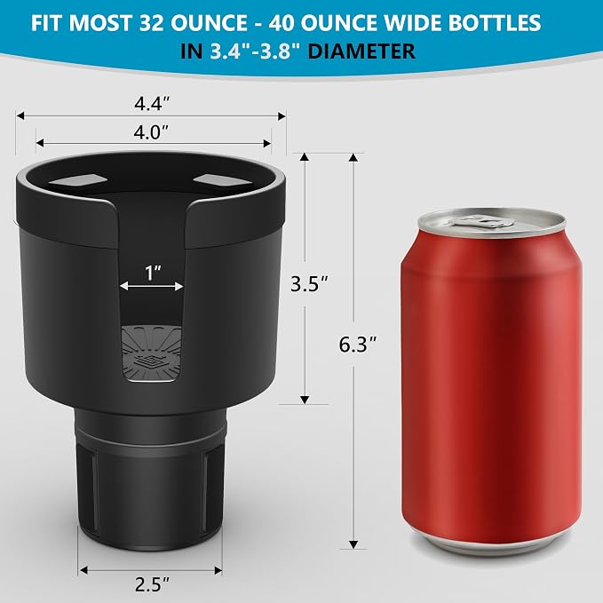 Car Cup Holder Expander with Offset Adjustable Base, Compatible with Hydro Flasks 32/40 Ounce, Compatible with Yeti Ramblers 20/26/30 Ounce, Other Bottles in 3.4"-3.8" (Black)