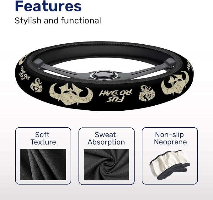 Black Fantasy Dragon Steering Wheel Cover, Polyester Car Wheel Grip, Universal 15 Inch for Cars SUVs Trucks