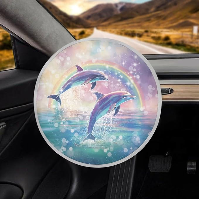 Car Steering Wheel Sun Shade Cover Cute Dolphin Car Accessories Cooling Steering Wheel Cover Women Sun Heat Shield UV Rays Universal Fit 17 inch Steering Wheel Protection Cover