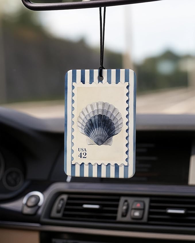 Navy Blue Beach Car Air Freshener 4 Pcs Coconut Scented, Coastal Seashell Seastar Oyster Car Accessories Mirror Decor for Women, Nautical Hanging Air Freshener for Cars Closet Drawer Books