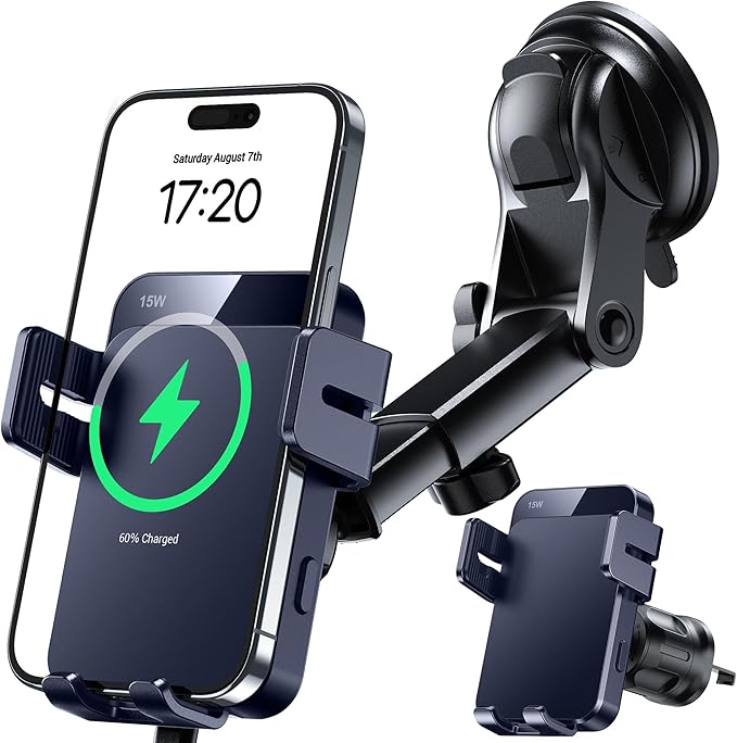 Wireless Car Charger, 15W Auto Clamping Car Charger Dash Windshield Air Vent Phone Holder Compatible with iPhone 16 15 14/13/13 Pro/12 pro/12/11/X/8, Samsung S24/S23/S22