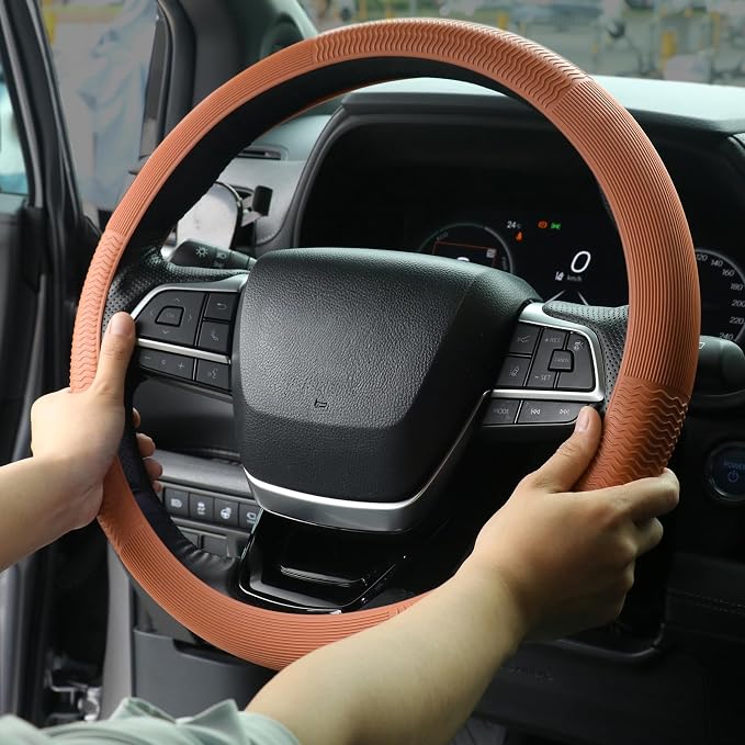 Car Steering Wheel Cover for Men Women, Non-Slip Silicone Sporty Wave Design Auto Interior Accessories, Universal Fit 14 15 16 Inch Round & D-Shape Wheels, Bright Orange